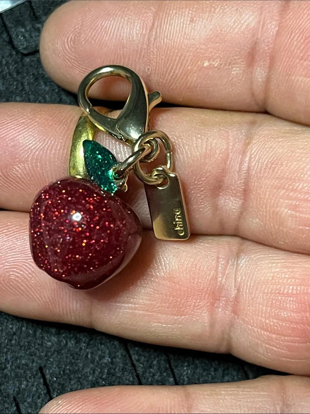 Coach Red Glitter Apple Charm with Green Leaf & Gold Hardware Key Clip